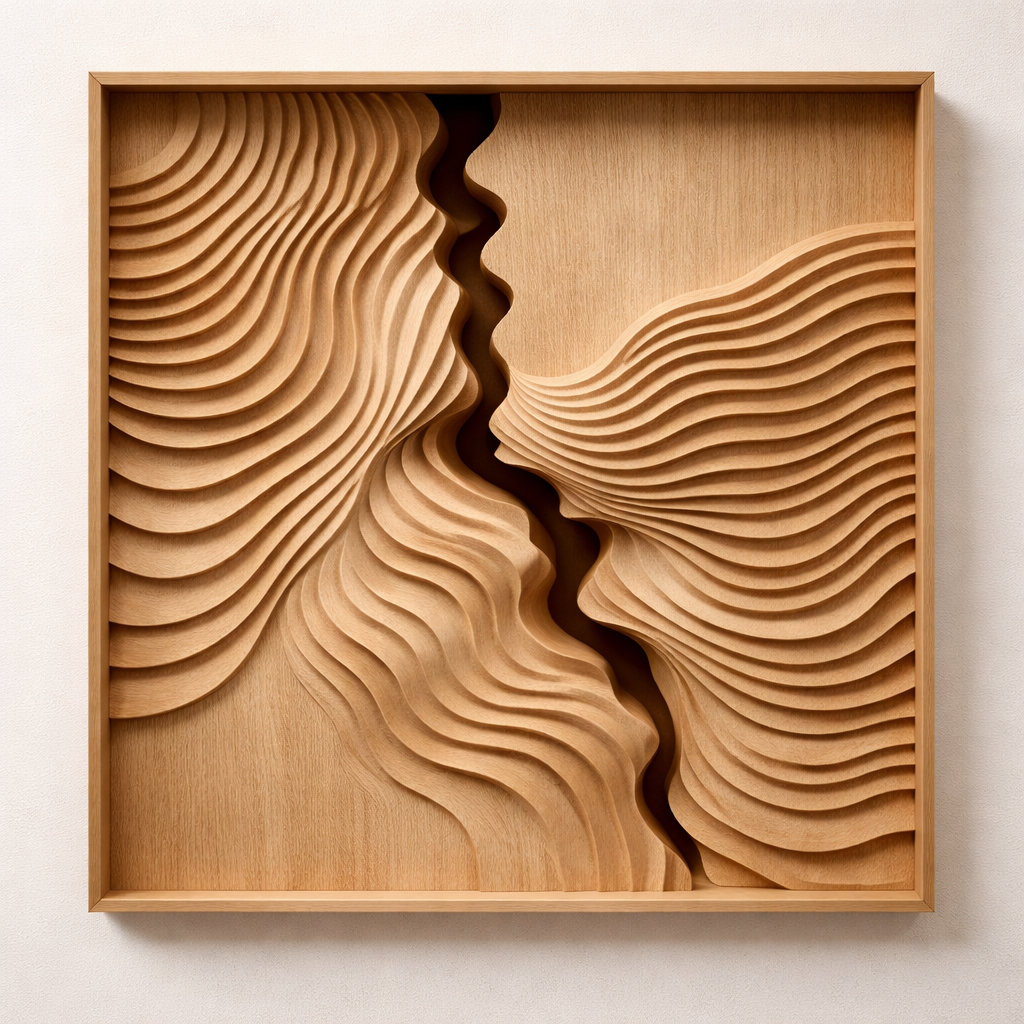 Modern carved wood wall art in American cherry, Twin Valleys from the Lumenfold series by Spellhand